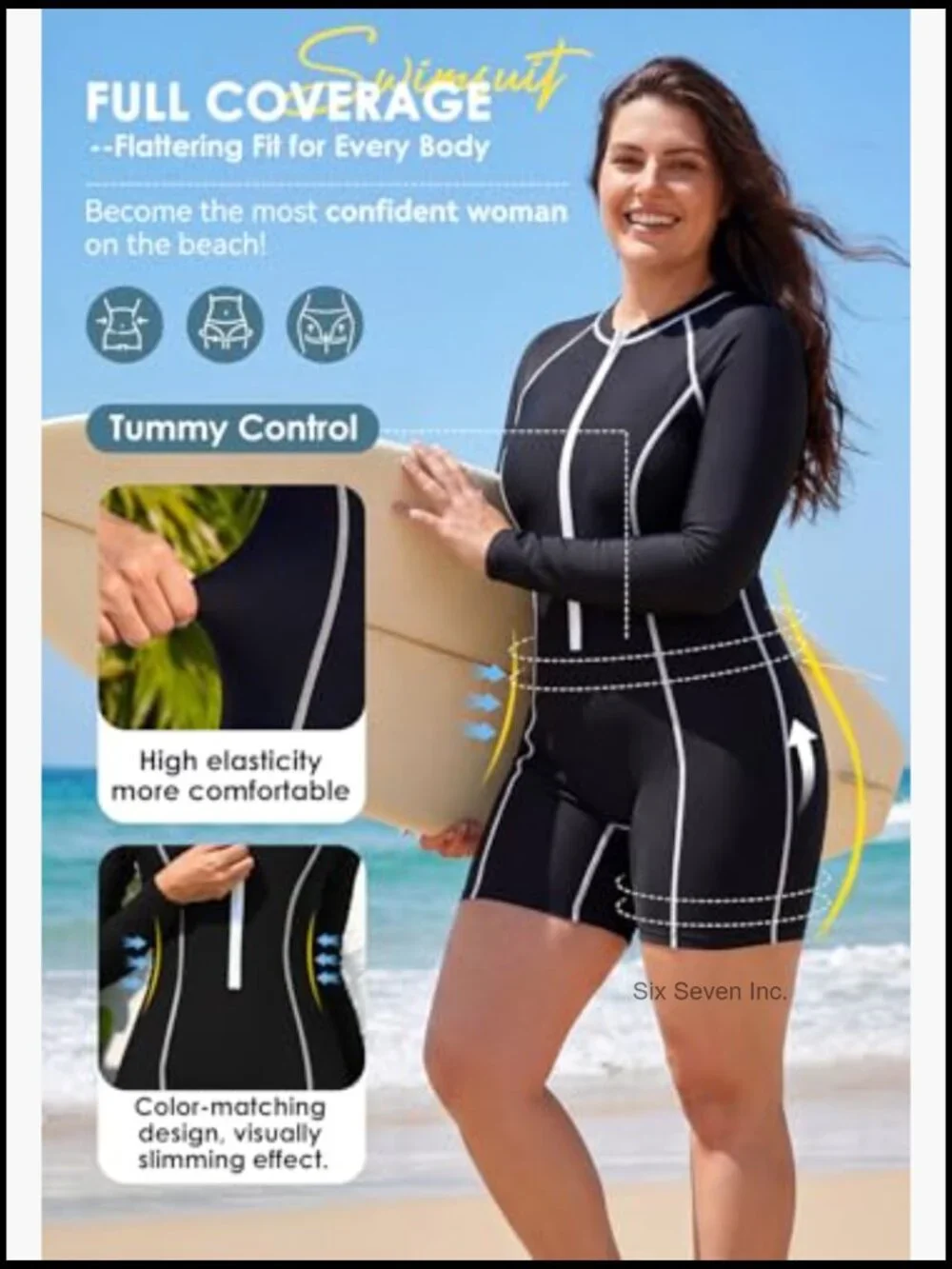 UPF 50+ Long Sleeve Rash Guard One Piece Swimsuit Front Zipper Boyleg Full - Picture 6 of 7